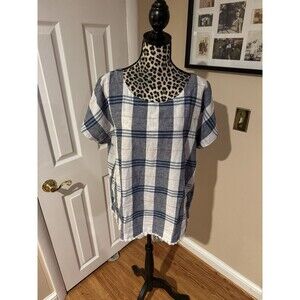 Liz Claiborne Plaid Linen Blend Top Blouse Short Sleeve XL Retro Fringe Hem